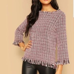 SHEIN XS Plaid Frayed Hem Trim Tweed Top Size XS